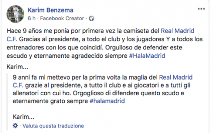 Benzema ringrazia il Real e nasce un caso. Costretto a un secondo tweet: «Amo il Madrid»