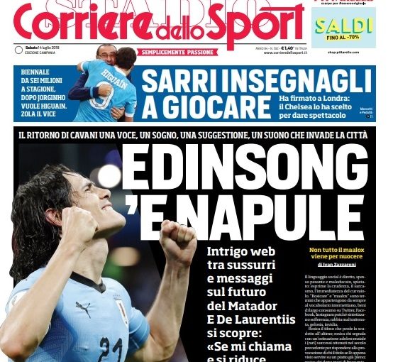 Il Corriere dello Sport sbatte Cavani in prima pagina