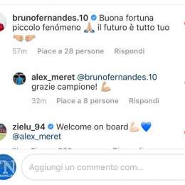 FOTO – “Il futuro è tutto tuo!”, Bruno Fernandes saluta Meret. E Zielinski lo accoglie: “Benvenuto a bordo!”