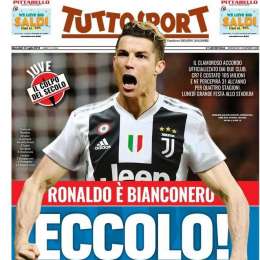 PRIMA PAGINA – Tuttosport: “Eccolo: Ronaldo è bianconero. Lunedì grande festa allo Stadium”