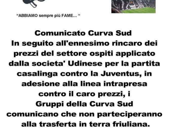 Continua la protesta della Curva Sud Juventus: niente trasferta a Udine, biglietti troppo cari