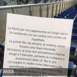 Il volantino choc in Curva Nord all’Olimpico: “No alle donne nelle prime dieci file”