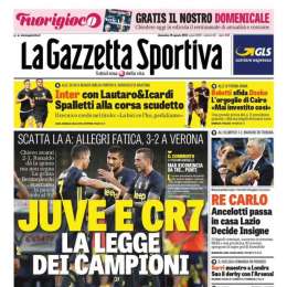 PRIMA PAGINA – Gazzetta: “Juve-CR7, legge dei campioni. Re Carlo passa in casa Lazio”