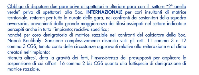 Due gare a porte chiuse per l’Inter (più un’altra con la Curva Nord chiusa)