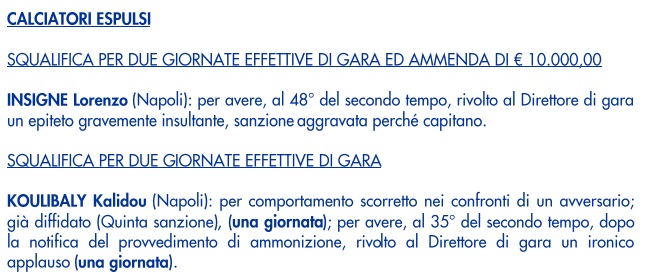 Giudice Sportivo: due turni di stop a Insigne e Koulibaly