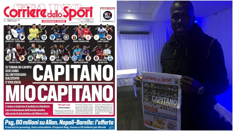 Koulibaly con la prima pagina del Corriere dello Sport-Stadio