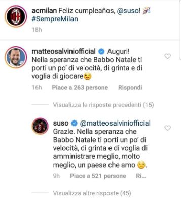 Suso risponde a Salvini su instagram: “Amministra meglio il paese”