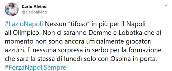 Carlo Alvino anticipa la formazione del Napoli. Gattuso boccia un difensore. Ospina titolare