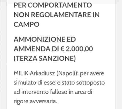 Milik ammenda da 2000 euro per simulazione: Napoli cornuto e mazziato