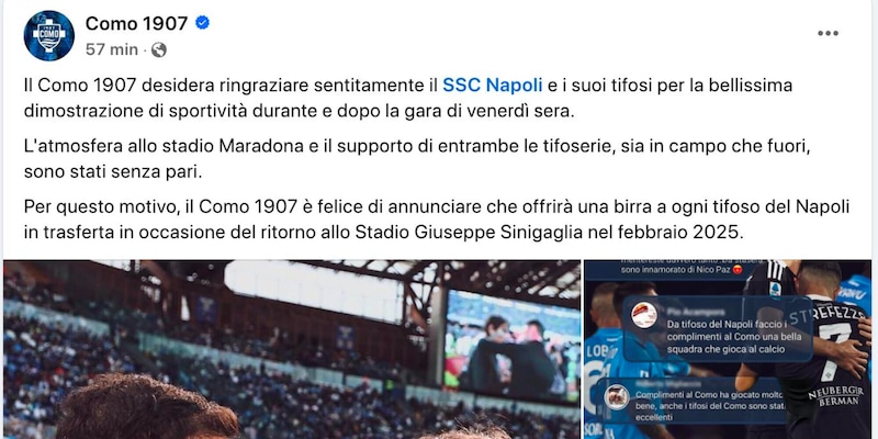 Como, patto con il Napoli: “Birra ai tifosi pagata”. Il siparietto social